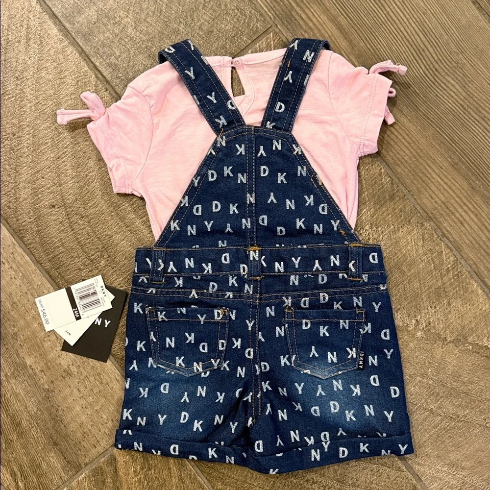 NWT DKNY Baby Girl Denim Shortall Set Pink 24M 2-Piece Outfit